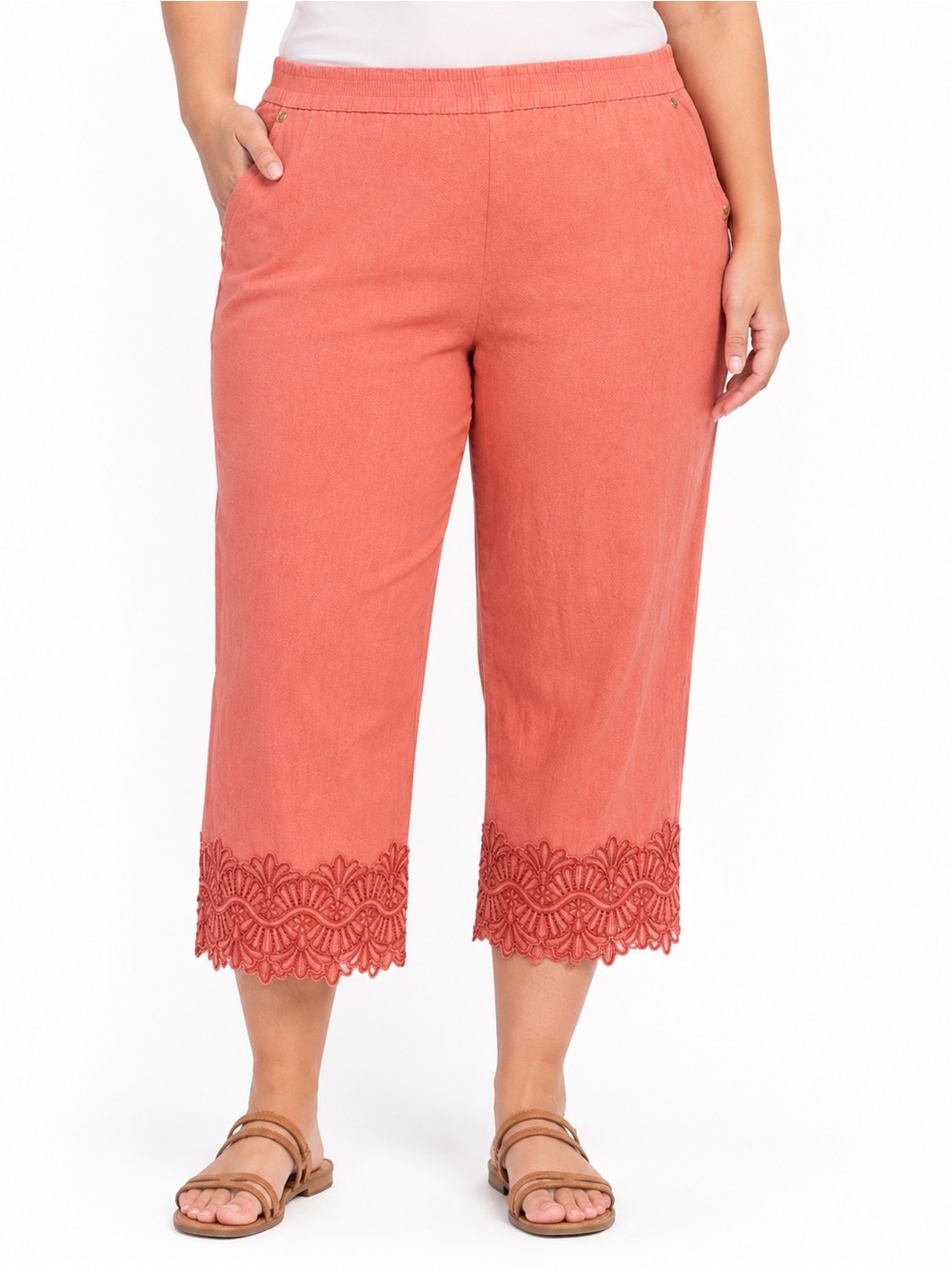 Anne Klein L Coral Linen Blend Lace Hem Wide Leg Crop Pants
